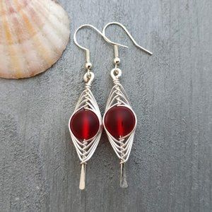 Double Braided Red Sea Glass Earrings Women Jewelry Gift